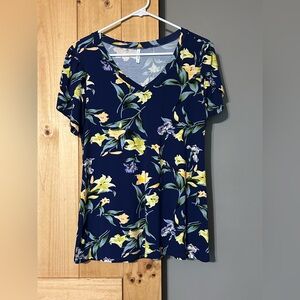 Navy Floral V-Neck Short Sleeve Top women’s size large